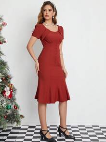 MUXXN 1950年代復古裙子,甜蜜心形領口,人魚裙設計,適用於工作及雞尾酒會筆裙裙式 - 紫紅色 - 查看 4