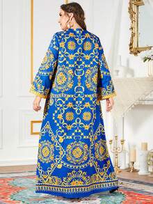 Plus Baroque Print Contrast Trim Maxi Arabian Dress - Blue - View 2