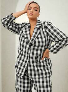 SHEIN SXY 大碼格紋印花西裝領西裝外套 - 黑與白 - 查看 7