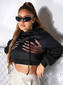 SHEIN SXY 手掌圖案落肩袖抽繩短款連帽衫 - 黑色 - 查看 1