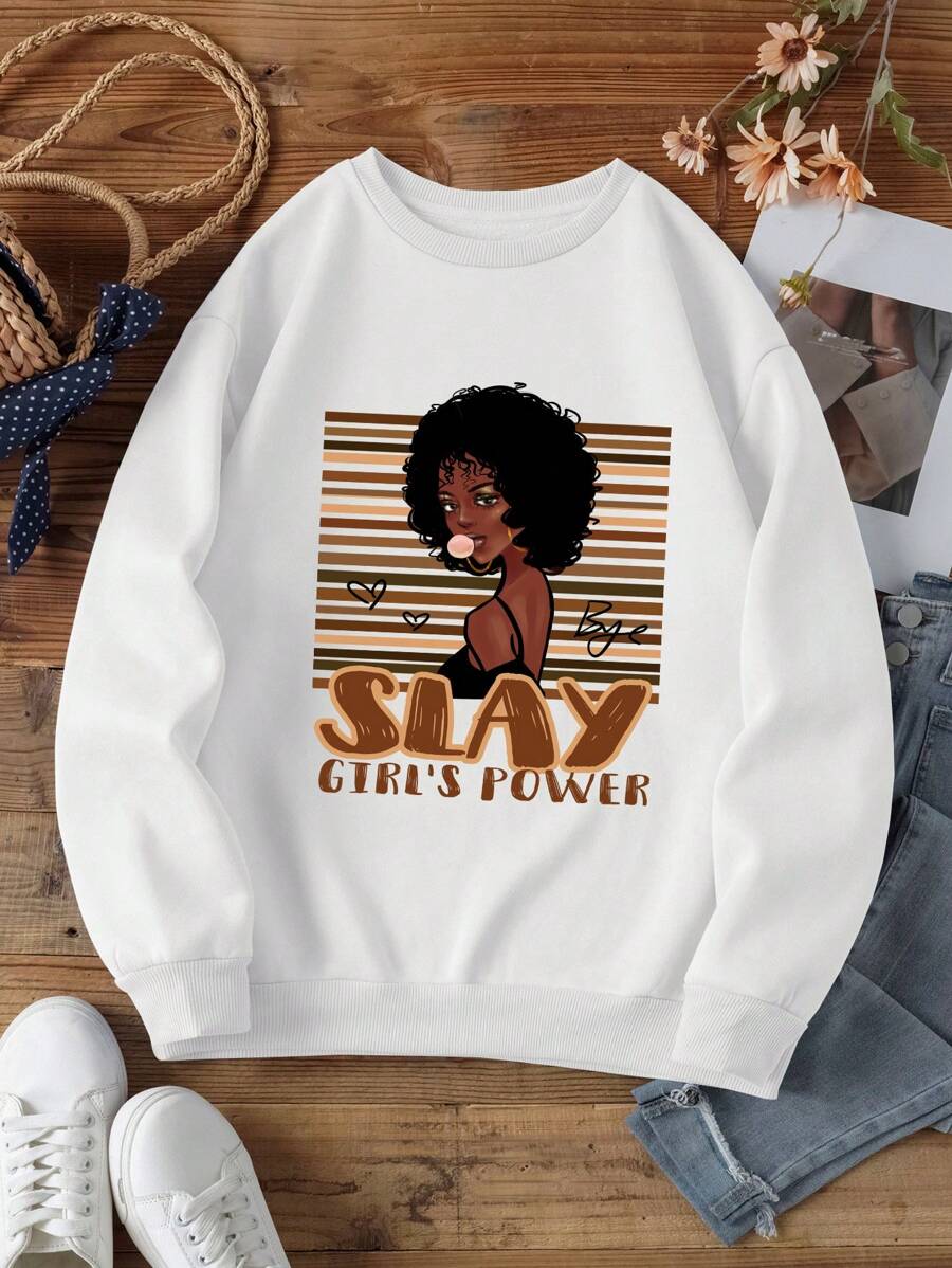 SHEIN EZwear Figure & Letter Graphic Drop Shoulder Sweatshirt - White - View 1