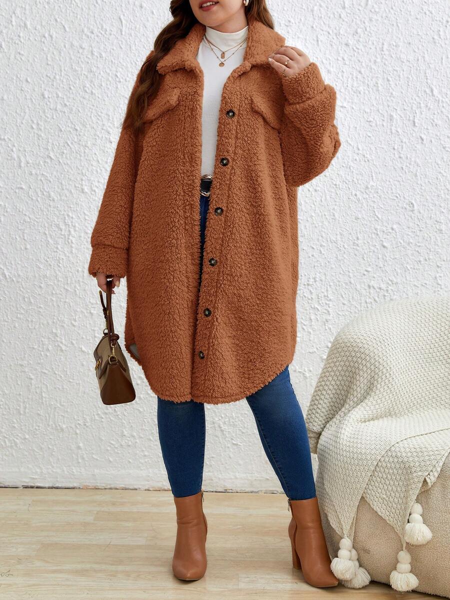 SHEIN Frenchy Hơn Chi tiết về Flap Thả vai Áo khoác Teddy - màu nâu - Xem 1