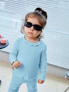 SHEIN Đứa bé gái Ren Mộc nhĩ Đồ đan Ribbed Áo thun - Màu xanh lam - Xem 4