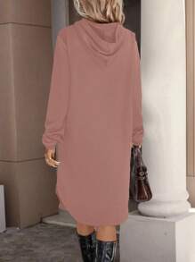 SHEIN LUNE Solid Drawstring Hooded Split Hem Sweatshirt Dress Graduation,Back To School Outfits,Graduation,Teacher Outfits For Women,Back To School In Fall/Winter - Dusty Pink - View 2