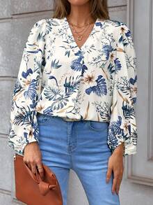 SHEIN LUNE Bản in nhiệt đới Tay áo lồng đèn Áo sơ mi - Nhiều màu - Xem 6