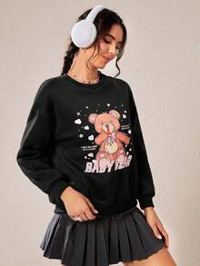 SHEIN EZwear 熊和標語圖案落肩袖運動衫 - 黑色 - 查看 3