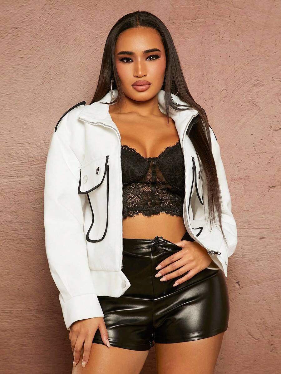 SHEIN SXY 撞色滾邊翻蓋細節花呢外套 - 黑與白 - 查看 1