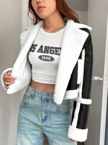 SHEIN EZwear Teddy Lined Zip Up Crop Jacket - Black and White - View 6