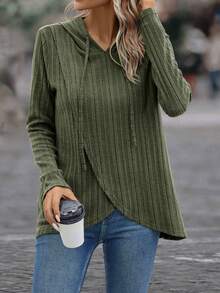 EMERY ROSE Solid Drawstring Wrap Hem Hooded Tee - Army Green - View 4