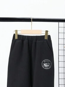 SHEIN 男大童字母圖案加絨內裏活躍衛褲 - 黑色 - 查看 5