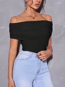 Firerie 一字肩褶邊T恤 - 黑色 - 查看 3