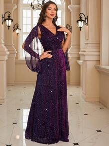 Split Sleeve Sequin Prom Dress - Purple - View 7