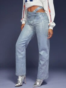 Denimoi Fashion Crisscross Waist Zip Metallic Jeans - Blue - View 4