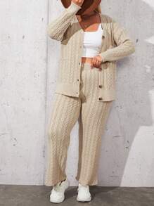 RueChic Plus Cable Knit Drop Shoulder Cardigan & Knit Pants - Beige - View 1