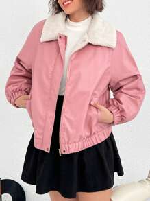 SHEIN EZwear Plus Borg Collar Raglan Sleeve Zip Up Jacket