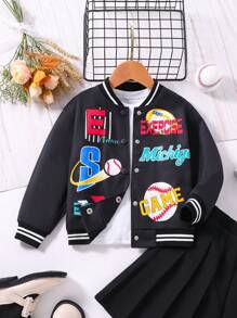SHEIN Young Girl Letter Graphic Striped Trim Varsity Jacket - Black - View 1