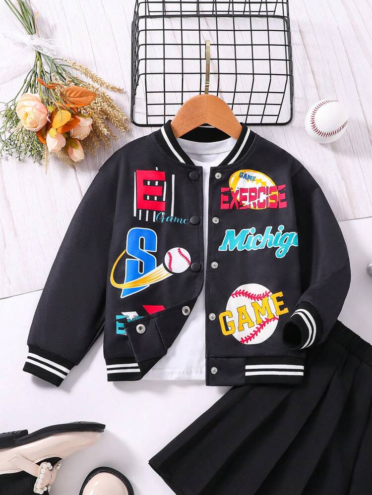 Young Girl Letter Graphic Striped Trim Varsity Jacket