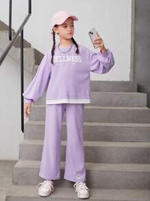 Tween Girl Letter Graphic Drop Shoulder 2 In 1 Pullover & Pants - Mauve Purple - View 4