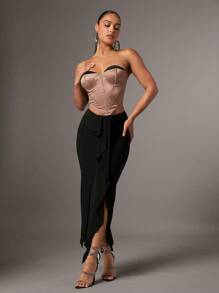 SHEIN BAE Falda unicolor ribete con fruncido de muslo con abertura - Negro - Ver 1