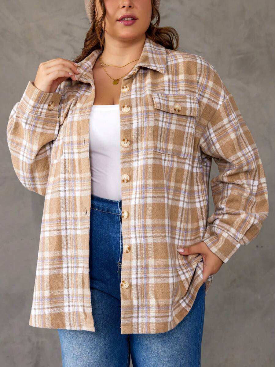 SHEIN EZwear Plus Plaid Print Drop Shoulder Overcoat - Multicolor - View 1