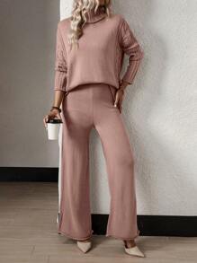 SHEIN Unity Turtleneck Drop Shoulder Sweater & Knit Pants - Dusty Pink - View 4