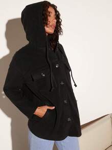 SHEIN BASICS 翻蓋口袋落肩袖抽繩連帽外套 - 黑色 - 查看 1