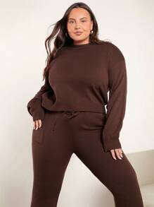 SHEIN BASICS Talla grande Jersey de hombros caídos & Pantalones de cintura con cordón tejido - Café integral - Ver 1
