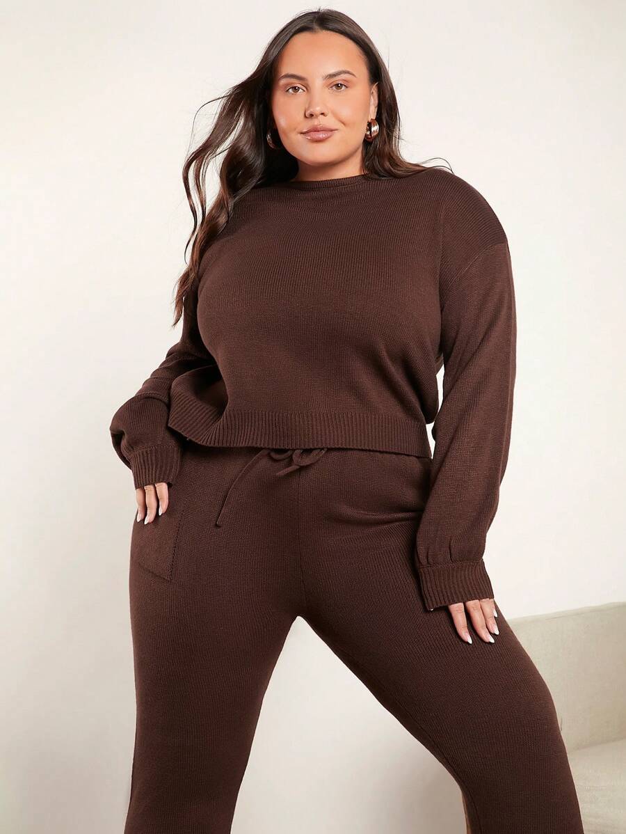 SHEIN BASICS Talla grande Jersey de hombros caídos & Pantalones de cintura con cordón tejido - Café integral - Ver 1