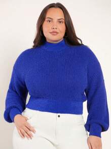 SHEIN BASICS Hơn Cổ giả Thả vai Áo len - Màu xanh lam - Xem 5