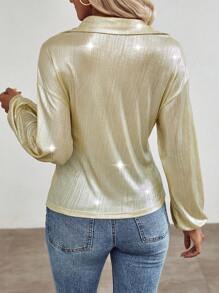 Chiquease Mặt trước xoắn Thả vai Kim loại Áo sơ mi - Màu be - Xem 2