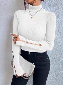 Chiquease Turtleneck Button Detail Sweater,Long Sleeve Tops