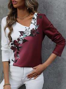 SHEIN LUNE Áo thun họa tiết hoa Colorblock Áo thun họa tiết cho nữ - Nhiều màu - Xem 3