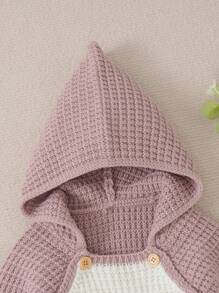 Baby Girl Waffle Knit Raglan Sleeve Hooded Jumpsuit - Pink - View 3