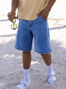 SHEIN Manfinity Hypemode Men Slant Pocket Bermuda Denim Shorts - Dark Wash - View 1