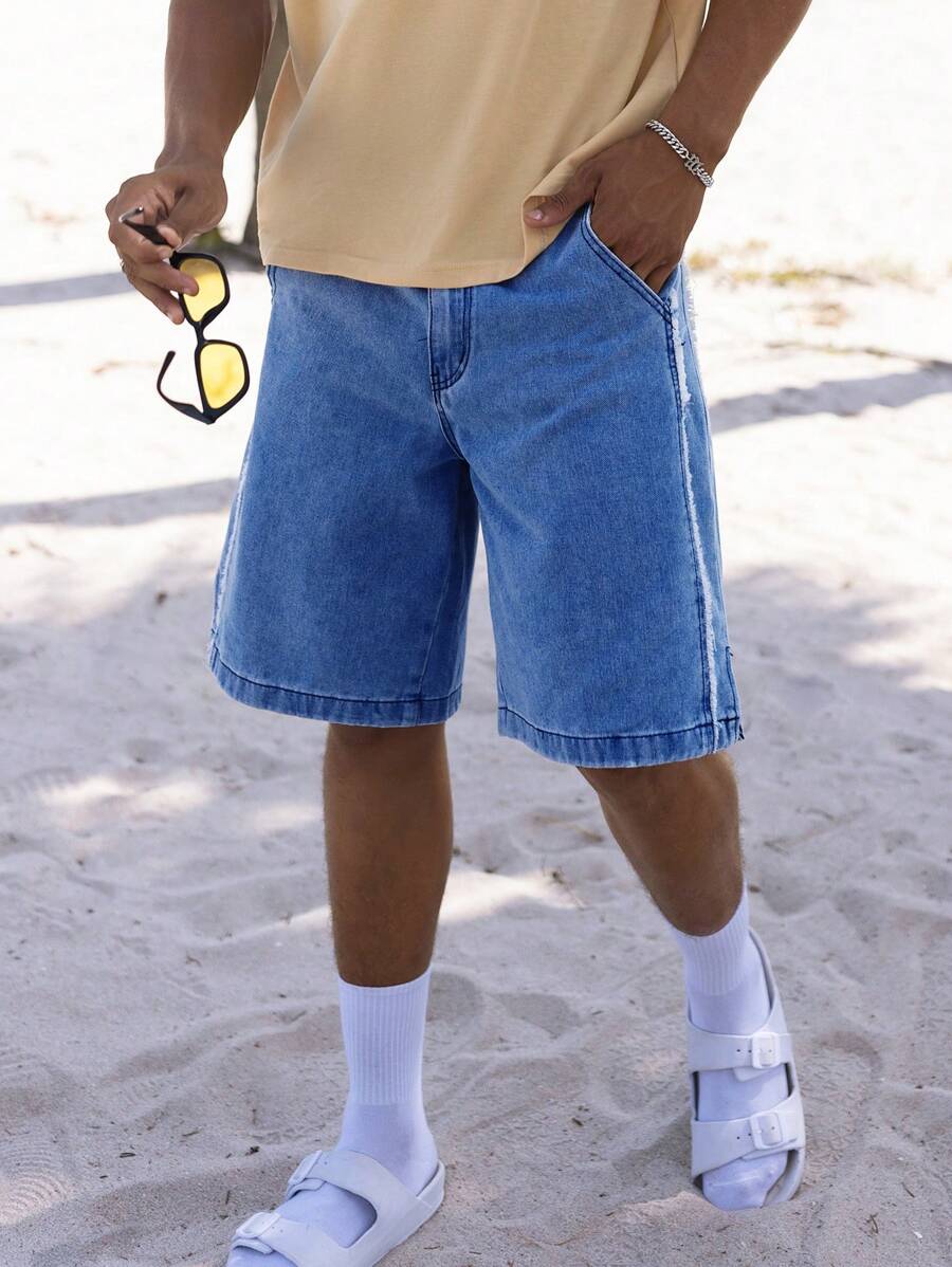 SHEIN Manfinity Hypemode Men Slant Pocket Bermuda Denim Shorts - Dark Wash - View 1