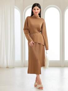 Seusyu Turtleneck Drop Shoulder Sweater & Asymmetrical Hem Knit Skirt Without Belt - Coklat - View 4