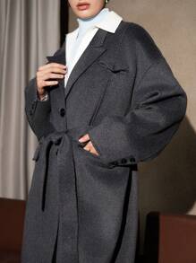 Anewsta Peak Collar Belted Overcoat - Light Grey - View 5
