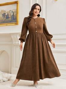 Mulvari Hơn Tay áo lồng đèn Nút phía trước Đầm - Cà phê nâu - Xem 1