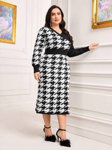 Modelyn Talla grande Vestido de punto con patrón de pata de gallo de cuello V