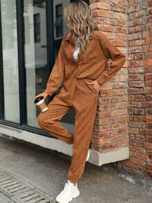 SHEIN LUNE Drop Shoulder Corduroy Shirt & Pants - Khaki - View 4