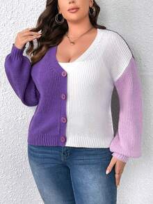 Calvaya Plus Colorblock Drop Shoulder Button Front Cardigan - Multicolor - View 4
