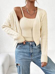 SHEIN Unity Cable Knit Drop Shoulder Duster Cardigan & Cami Knit Top - Khaki - View 1
