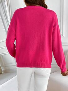 Chiquease Heart & Christmas Pattern Drop Shoulder Knit Pullover Fall Winter Sweater - Hot Pink - View 2