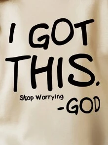 SHEIN EZwear 大尺碼圓領毛絨套頭衛衣,印有口號印花 - 杏色 - 查看 5