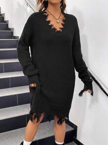 SHEIN EZwear 落肩袖仿舊邊毛衣洋裝 - 黑色 - 查看 1