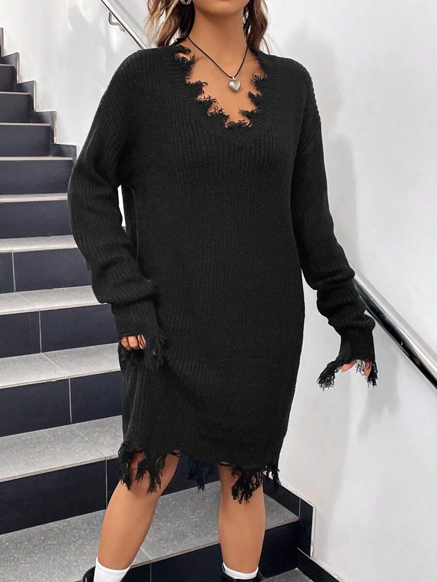 SHEIN EZwear 落肩袖仿舊邊毛衣洋裝 - 黑色 - 查看 1