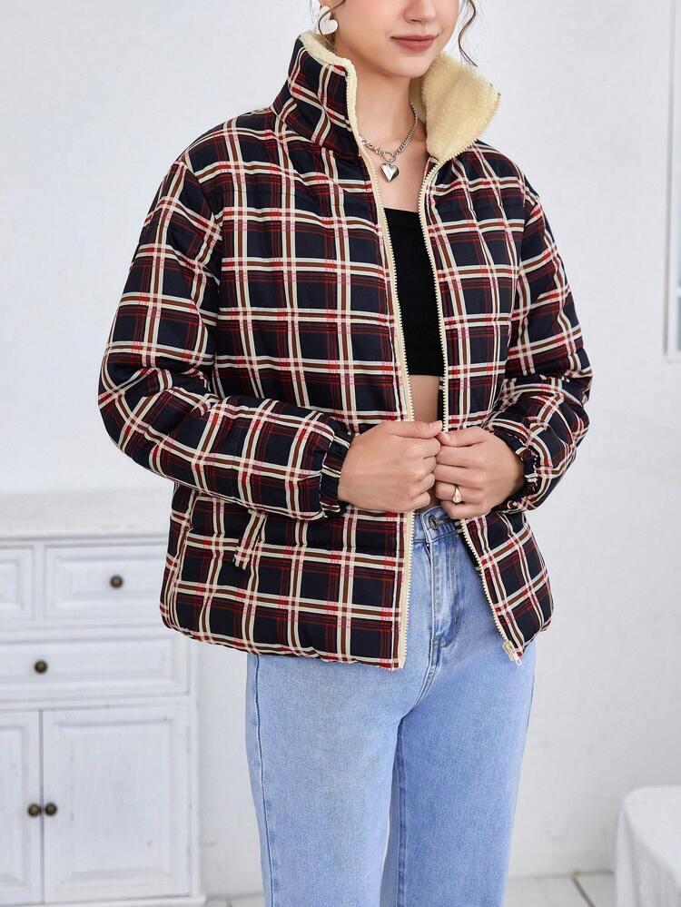 Plaid Print Zip Up Padded Coat