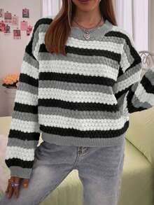 SHEIN Qutie Chất rắn Thả vai Dệt kim chấm bi Áo len - Xám - Xem 6