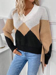 SHEIN LUNE Suéter de punto con hombros caídos y bloques de color para otoño e invierno - Multicolor - Ver 5