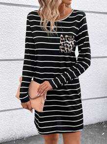 SHEIN LUNE 條紋和豹紋口袋貼布條紋圖案T恤洋裝 - 黑色 - 查看 4